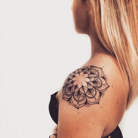 30 GORGEOUS SHOULDER TATTOOS TO INSPIRE YOUR NEXT INK - 220 Sun Mandala Tattoo, Henna Tattoo Sleeve, Mandala Tattoo Shoulder, Mandala Tattoo Meaning, Mandala Tattoos For Women, Shoulder Cap Tattoo, Mandela Tattoo, Sailor Tattoos, Shell Tattoos