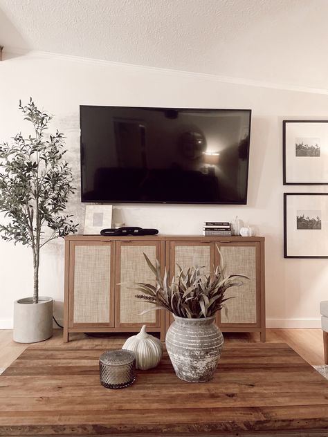 Living Room Tv Focal Point, Living Room Decor Mounted Tv, Tv On Wall Decor Ideas, Mcgee Tv Wall, Under Television Decor, 65” Tv On Wall, Table For Under Tv, Television Ideas Living Rooms, Living Room Tv Mounted