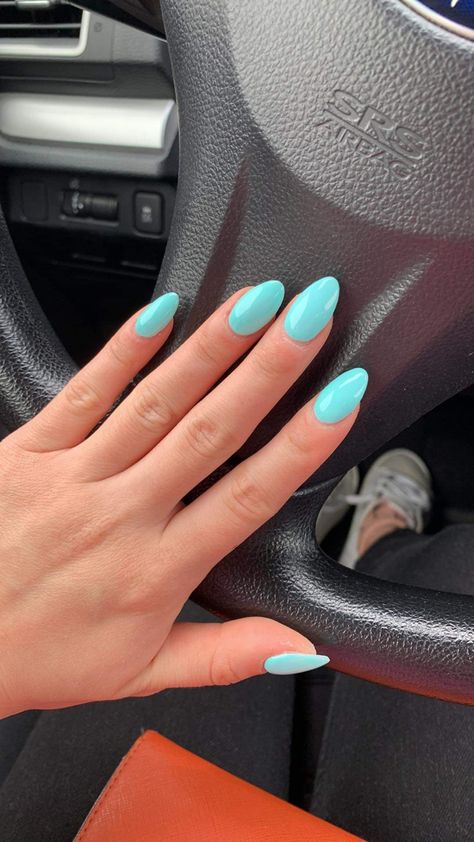 Nails Almond Turquoise, Aqua Short Nails, Teal Color Nails Turquoise, Teal Almond Shaped Nails, Turquoise Nails Round, Teal Acrylic Nails Almond, Tiffany Color Nails, Teal Nails Almond Shape, Light Blue Nails Round