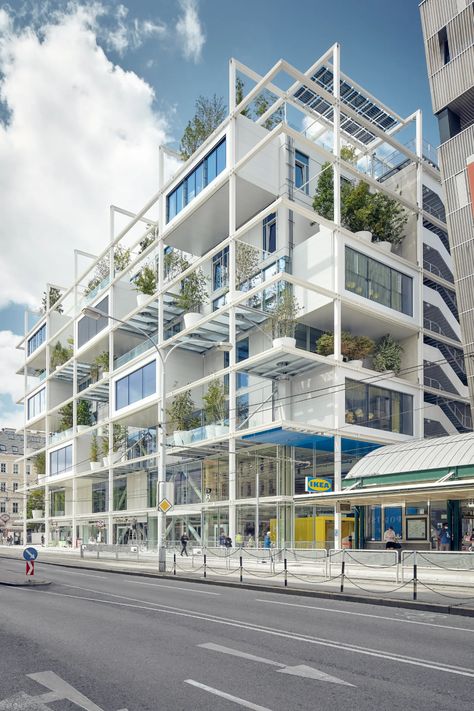 Modular Facade Architecture, Modular Building Design, Modular Architecture Design, Ikea Store Design, Modular Units Architecture, Modular Design Architecture, Ikea Building, Terrace Architecture, Flexible Architecture