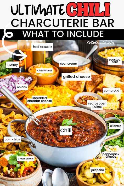 The best toppings to put on chili and chili con carne sides tend to vary from person to person, since we all have different preferences. Someone might want rice, someone else might prefer cornbread, and then some people want both! The easiest (and most fun!) way to make sure everyone can choose their own toppings and sides to make their perfect chili bowl is to make a charcuterie board offering chili sides and toppings and just let everybody make up their own bowl. Chili Toppings Charcuterie Board, Chili Night Party, Chili Sides Ideas, Sides With Chili, Chili Charcuterie Board, Chilli Bar, Chili Bowl Recipe, Chili Charcuterie, Chili Board