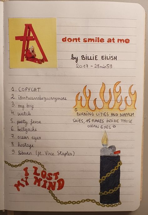 Don’t Smile At Me Billie Eilish Aesthetic, Billie Eilish Journal Page, Billie Eilish Journal Ideas, Billie Eilish Scrapbook, Billie Eilish Drawing Ideas, Lyrics Aesthetic Drawing, Billie Eilish Journal, Billie Eilish Notebook, Billie Eilish Drawing Easy