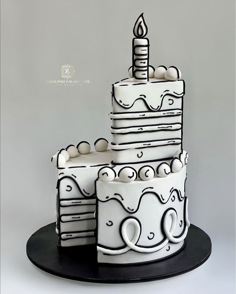 Monochrome Cake Design, Cartoon Cake Black And White, Graphic Designer Cake Ideas, Multi Tier Cake, Two Tier Fondant Cake, Black And White Comic Cake, Cartoon Cake For Men, Male Birthday Cake Ideas Men, Manly Birthday Cake