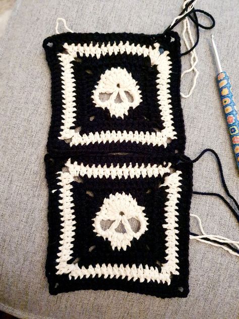 Spooky Crochet Squares, Crochet Skull Granny Square Blanket, Bat Crochet Granny Square, Crochet Skull Granny Square Cardigan, Camo Granny Square, How To Crochet A Skull Granny Square, Emo Granny Squares, Skull Granny Square Sweater, Skull Crochet Square