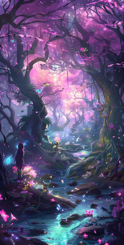 Transform your iPhone with a wallpaper that opens a gate to a fantasy world. In this cartoon-style magical forest, glowing flowers and sparkling streams create a realm where mystical creatures roam. A lone figure stands before an enchanted river, ancient oaks with pink blossoms framing the scene. The bright color palette of this concept art brings the magic to your screen, making every glance an escape to an enchanted world. #FantasyWorld #MagicalForestWallpaper #EnchantedRiver #iPhoneWallpaper Fantasy Underground City Art, Mountain Fairy Aesthetic, Magic Woods Aesthetic, Feywild Aesthetic, Night Environment, Dreamy Background, Star Garden, Fantasy Scenery, Seni Korea