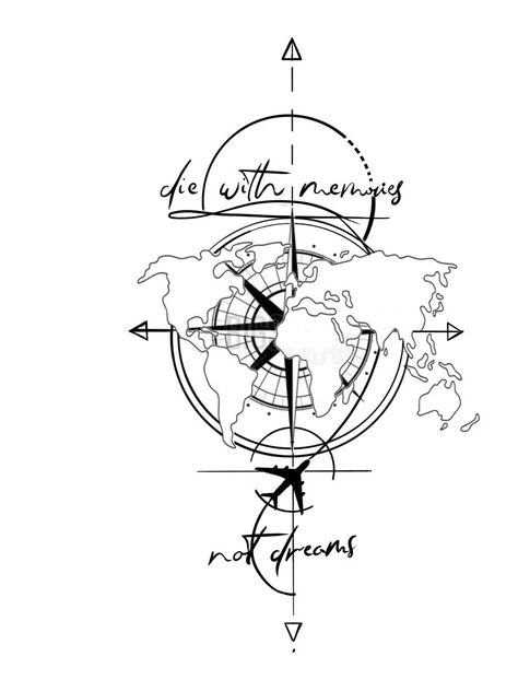 Compass with map vector Compass World Map Tattoo Design, World Globe Tattoo Design, Travel The World Tattoo Ideas, World Map Drawing Art, Compass World Map Tattoo, Black And White Compass Tattoo, Travel Compass Tattoo Ideas, Spine Tattoos For Women Travel, Simple Creative Tattoos