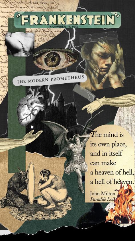 Horror Literature Aesthetic, Frankenstein Collage, Horror Backgrounds, Frankenstein Wallpaper, Horror Collage, Monster Collage, Frankenstein Book, Collage Party, Halloween Collage