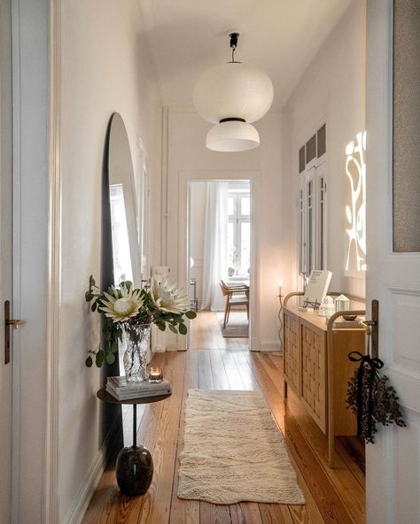 Bringing a first festive touch to our hallway ✨ Have you also already started with the Christmas decorations or not yet? #hallway… | Instagram Entrance Hallway Lighting, Long Narrow Hallway Decorating Ideas, Long Narrow Hallway Decorating, Long Narrow Entryway, Long Narrow Hallway Ideas, Small Hallway Ideas Narrow, Narrow Hallway Decorating Ideas, Statement Mirrors, Sleek Console