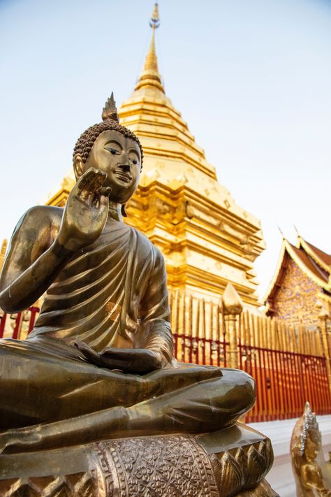 Picture features a statue of buddha outside of an impressive golden temple Thailand Destinations, Scuba Diving Thailand, Thailand Shopping, Thailand Tourist, Temple Thailand, Thailand Tourism, Buddhist Temples, Thailand Adventure, Buddha Temple