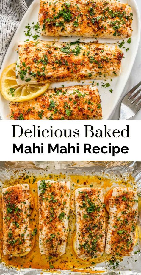 If you love the mild taste of white fish, you'll love this easy, baked mahi mahi recipe. You'll get a delicious fish that comes together in about 20 minutes!  Mahi Mahi has a wonderful mild flavor with a bit of sweetness and a nice, firm texture. Paired with butter, lemon, and just the right seasonings, then baked to perfection, it's a really tasty fish. Savory Fish Recipes, Fish Mahi Mahi, Baked Mai Mai Fish, Mahi Mahi Mediterranean, Mahi Mahi Lemon Butter Sauce, Mahi Mahi Picatta Recipe, How To Make Mahi Mahi, Mahi Mahi And Rice Recipes, Mahi Mahi Recipes Paleo