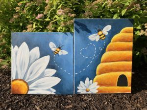 Events | Brookfield Pottery Factory | Pottery Factory – Brookfield Pottery Factory, Themed Wall Decor, Acrylic Art Projects, Easy Flower Painting, Canvas Art Projects, Bee Painting, Wine And Canvas, Simple Canvas Paintings, Bee Garden