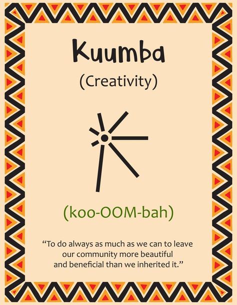A card with one of the Kwanzaa principles. Symbol Kuumba means Creativity in Swahili. Poster with sign and description. Ethnic African pattern in traditional colors. Vector illustration Kuumba Kwanzaa, Kujichagulia Kwanzaa, Soulaan Culture, African Culture Art, African Illustration, Kwanzaa Principles, Vector Brush, Symbols And Meanings, Cityscape Photos