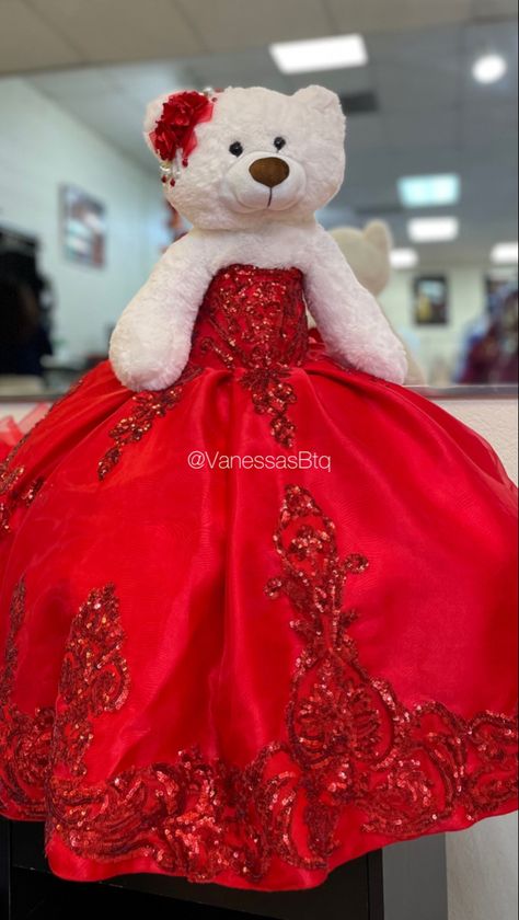Teddy Bear with a Red Quinceañera Dress Red Teddy Bear Quince, Quince Doll Red, Quince Teddy Bear Red, Cute Quinceanera Dresses Red, Red Quince Venue Theme, Red Quince Teddy Bear, Red Quince Bear, Red Riding Hood Quinceanera Theme, Red Quinceanera Chambelanes