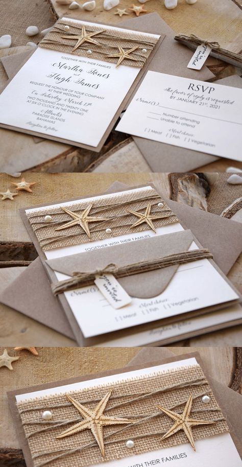 Custom Beach Wedding Invitations inspired by the sea and Destination wedding. The addition of the laser cut starfish design and floral embossing on the top turns this invitation simply stunning.  #paperstudiobyc #beachwedding #beachinvitations #oceanwedding #oceaninvitations #weddingplanner #bride2019 #bridetobe #rusticwedding #rusticinvitations #rusticbeachwedding #rusticbeachinvitations #starfish #lasercut #starfishinvinvitations Starfish Wedding Invitations, Portrait Wedding Invitations, Burlap Wedding Invitations, Beach Invitations, Rustic Beach Wedding, Starfish Design, Starfish Wedding, Dream Beach Wedding, Beach Wedding Inspiration