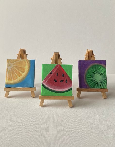 Tiny Paintings Ideas Easy, Mini Canvas Acrylic Paintings, Paint Mini Canvas, Tiny Paintings Ideas, Fruit Painting Acrylic, Tiny Canvas Paintings, Small Painting Ideas Mini Canvas, Tiny Canvas Painting, Canvas Set Of 3