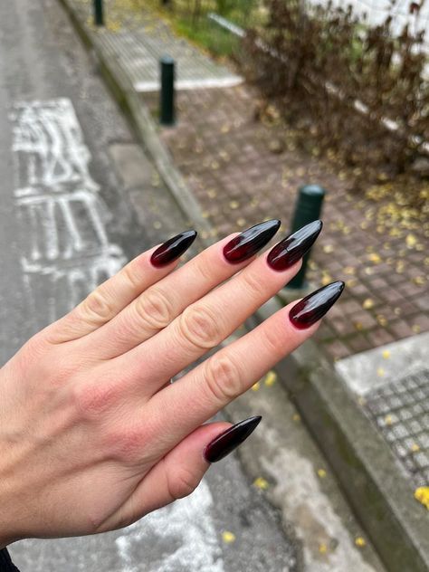 Nails, aesthetic, fyp, Pinterest, fashion, nails insta Black Vampire Nails, Vampire Almond Nails, Vampire Theme Nails, Vampire Nail Ideas, Vampire Halloween Nails, Vampy Nails Almond, Almond Goth Nails, Vampire Nails Aesthetic, Vampire Nails Designs