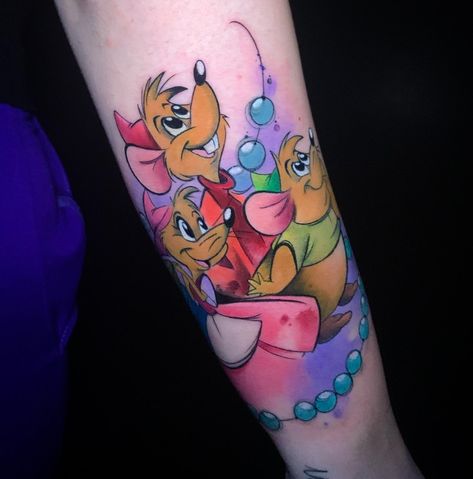 Cinderella mouses tattoo watercolor Jaq And Gus Tattoo, Cinderella Mice Tattoo, Gus Gus Tattoo Cinderella, Gus Gus Tattoo, Disney Sidekicks Tattoo, Cinderella Tattoo Ideas, Cinderella Tattoos, Cinderella Tattoo, Pan Tattoo