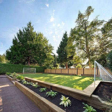 Retro revival home completely transformed in British Columbia Backyard Sports, Mini Soccer, Playground Landscaping, Large Backyard Landscaping, Patio Grande, Terrace Garden Design, Outdoor Remodel, Big Backyard, Large Backyard