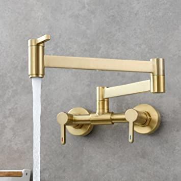 Kitchen Mixer Tap Wall Mounted Brass Hot and Cold Water Double Hole Swivel Folding Kitchen Sink Tap-Brushed Gold Wall Mounted Kitchen Faucet, Brass Pot Filler, Brass Kitchen Sink, Spout Design, Single Hole Kitchen Faucet, Pot Filler Faucet, Kitchen Sink Taps, Modern Faucet, Brass Kitchen Faucet