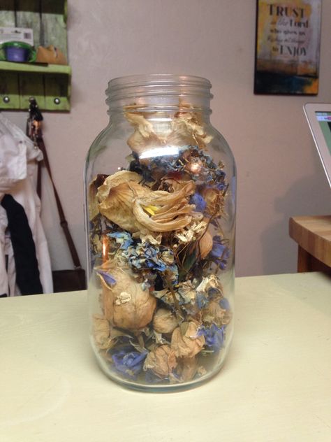 I dried the flowers from my wedding bouquet, picked them off the stem and put them in a large mason jar. Now a beautiful reminder of our special day! Dried Flower Jar, Mason Jar Filler Ideas, Jar Filler Ideas, Ship Aesthetic, Jar Of Flowers, Jar Fillers, Large Mason Jars, Decorative Bottles, Flower Bottle