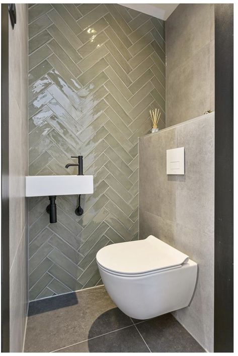 Sage Green Cloakroom Toilet, Bathroom With Tiled Walls, Tile On Wall In Bathroom, Mint Tile Bathroom, On Suite Bathroom Ideas, Small Ensuit, Blue Bathrooms Ideas, Beachy Bathroom Ideas, Coastal Bathroom Tile Ideas