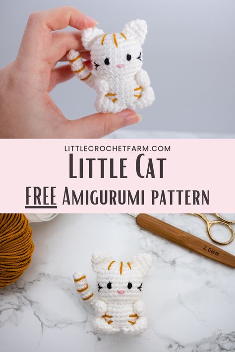 Adorable kitty crochet patternThis little cat amigurumi free pattern is easy to follow and quick to workGreat idea for fast crochet projectSuitable for amigurumi beginnersFind the tiny cat free crochet pattern and much more little animals at littlecrochetfarm.com Amigurumi Patterns, Cat Amigurumi Free Pattern, Cat Free Crochet Pattern, Kitten Crochet, Crocheted Accessories, Fast Crochet, Crochet Cat Pattern, Crochet Keychain Pattern, Cat Amigurumi