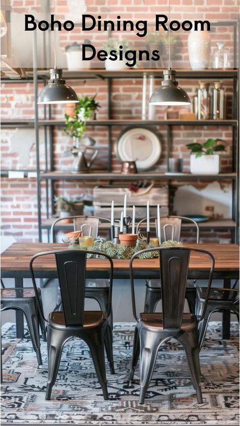 This dining area blends industrial and boho styles with exposed brick walls, metal chairs, and wooden table. Greenery and eclectic decor add a warm, boho touch, creating an inviting and balanced atmosphere. Modern Farmhouse Decor Dining Room, Farmhouse Decor Dining Room, Dining Room Designs, Boho Dining Room, Mismatched Chairs, Chic Dining Room, Wooden Table And Chairs, Decor Dining Room, Vibrant Rugs