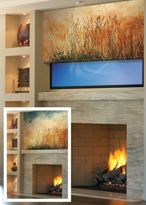 Art To Hide Tv, Ways To Hide A Tv, Hide Tv Over Fireplace, Tv Hidden, Wall Mounted Tv Decor, Solar Roller Shade, Tv Above Fireplace, Hide Tv, Tv Over Fireplace