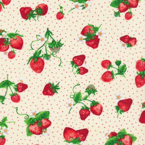Strawberry Fields is a lovely summertime collection by Timeless Treasures full of delicious strawberries, vintage signs, ginghams, ditsy prints, and more! This fabric featuring tossed strawberries and red polka dots all over a cream background would look fun in hot pads or cloth napkins! Width: 44"/45" Material: 100% Cotton Swatch Size: 8" x 8" Strawberry Fabric Print, Strawberry Altoids, Strawberry Esthetics, Strawberry Widget Aesthetic, Vintage Strawberry Aesthetic, Gingham Illustration, Strawberry Aesthetics, Strawberry Widget, Strawberry Vintage