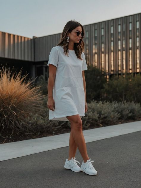 40 Dress and Sneakers Outfit Ideas: A 2024 Guide to Effortless Chic White Dress White Sneakers, Dress And Sneakers Outfit Casual, White Dress And Sneakers, White Sneakers With Dress, Sneakers With Dress, Dress With White Sneakers, Tee Shirt Dress Outfit, White Tee Shirt Dress, Sneakers Outfit Ideas