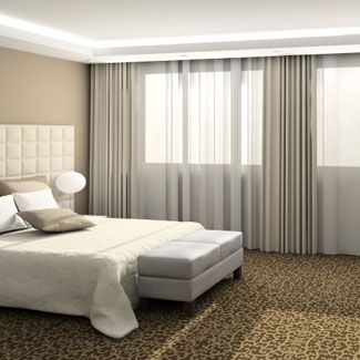 Whites, beiges, and grays are perfect for a master bedroom turned modern. Whole Wall Curtains, Wall Curtains, Small Guest Rooms, Best Bedroom Colors, Bunk Beds With Stairs, Guest Bedroom Decor, Faux Plafond, Guest Room Decor, Small Bedroom Decor