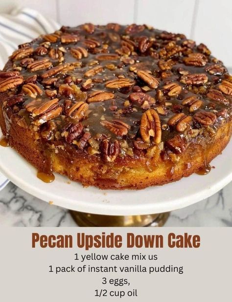 Pecan Upside Down Cake 😋😋Ingredients:1 yellow cake mix us1 pack of instant vanilla pudding.3 eggs,1/2 cup oil.1 cup water.Steps:Mix.In bundt pan or square or oblong, spray with baking spray, melt 1 stick of butter, but the melted butter in pan. Cover bottom of pan with light brown sugar, layer pecans on top of butter and brown sugar.Poor cake mix on top of pecans. Bake at 350 for 35 to 45 minutes. Bundt pan takes 45 minutes. Cool before turning it onto plate. Pecan Upside Down Cake, Breakfast Slider, Southern Desserts, Pecan Cake, Vegetarian Cake, Pecan Recipes, 3 Eggs, Dessert Salads, Bundt Pan