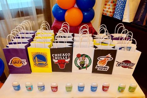 NBA theme party favors Lakers First Birthday Party, Basketball Theme First Birthday Party, Nba Party Theme, Laker Theme Birthday Party, Basketball Theme Party Favors, Nba Party Ideas, Nba Birthday Theme, Jersey Party Theme, Nba Themed Birthday Party