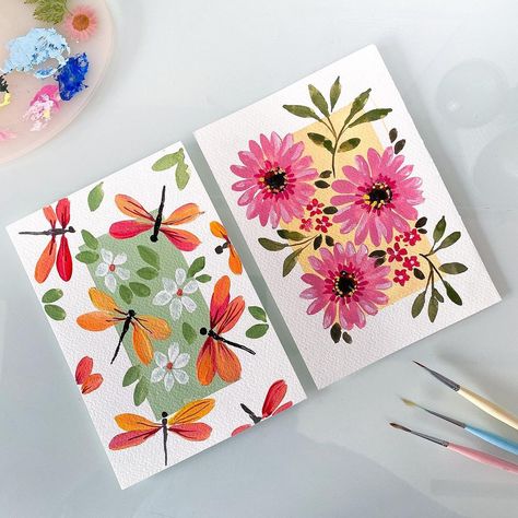 Continuous Painting On Canvas, Paint Inspiration Acrylic, Cute Paintings Acrylic, Floral Painting Gouache, Acrylic Painting Cards Ideas, Small Paintings On Paper, Small Acrylic Flower Painting, East Aesthetic Paintings, Painting Mini Canvas Ideas