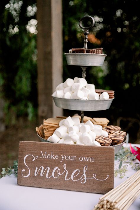 Small Smores Bar, Rustic Smores Bar Wedding, Smores Bars For Weddings, S’mores Holder, S’more Set Up, Fall Bonfire Wedding Receptions, Wedding S’more Station, S’mores For Wedding Reception, Boho Smores Bar