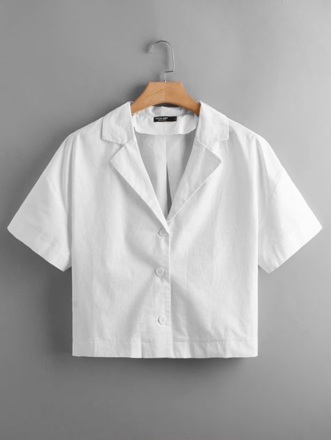 White Casual  Short Sleeve Polyester Plain Shirt  Non-Stretch Summer Plus Size Tops Solid Shirts For Women, White Polo Outfit Women Short Sleeve, White Polo Outfit Women, White Polo Outfit, Korean Top, Polo Outfit, Half Shirts, White Plains, Plain Shirt