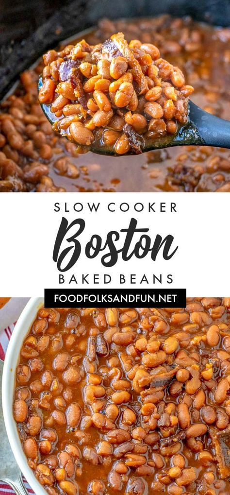 This Slow Cooker Boston Baked Beans recipe is everything baked beans should be: thick, saucy, savory with a touch of sweet. Come see how I made the classic Boston Baked Beans recipe easier by making it in the slow cooker! via @foodfolksandfun Homemade Baked Beans Crockpot, Boston Baked Beans Recipe, Crockpot Recepies, Crockpot Beans, Beans Crockpot, August Food, Bake Beans, Baked Beans From Scratch, Company Recipes