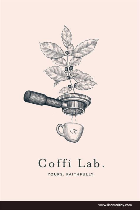 illustration of coffee leaves and beans being filtered into a coffee cup drawn in black and white on a pink background Kaffe Bar, Cafe Logos, Vintage Coffee Poster, Vintage Coffee Shops, Coffee Poster Design, Coffee Artwork, Coffee Shop Branding, Coffee Art Print, Coffee Tattoos