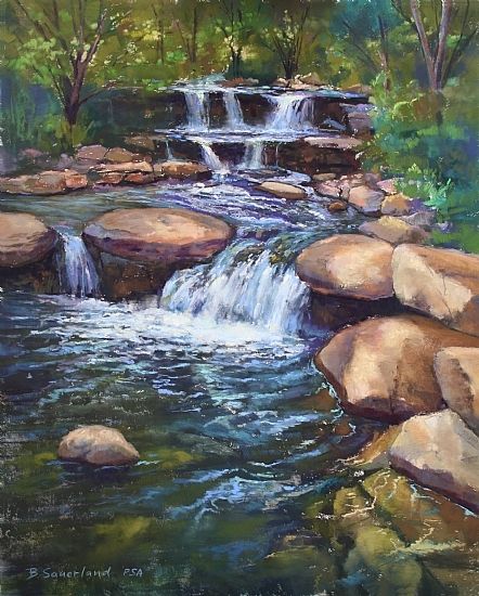 Flowing Water by Brian Sauerland Pastel ~ 20" x 16" Things To Paint, Fall Canvas Painting, Waterfall Art, Waterfall Paintings, Canvas For Beginners, Water Drawing, Small Canvas Paintings, Flowing Water, Canvas Drawings