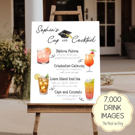 Graduation Signature Drink Template, Graduation Party Cocktail Sign, Editable Grad Party Drink Sign, Printable Grad Bar, Grad Party Decor, 4,500+ Drinks ★EDIT ON THE TEMPLETT WEBSITE Using a DESKTOP or LAPTOP COMPUTER      (Google Chrome is the Preferred Browser) Print your own Signature Drink Sign with this template.  * 4,500+ Drinks and Garnishes to choose from * Edit Text * Change Font * Change Font Color * Move, resize, turn * The Original Drink Menu. 4,000 different designs. Over 50,000 sold. 🎓DEMO THIS TEMPLATE RIGHT NOW Check out this template in our demo area and play around with it before you purchase! https://templett.com/design/demo/magnolia/14546040,6096392,26675998,26738950,26738960,26738922,26739089,26739099 ★EASY TO USE! 1. Open file using our design application right in yo Graduation Signature Drink, Graduation Party Drinks, Grad Party Decor, Template Graduation, Trunk Party, Drink Names, Cocktail Sign, Grad Party Decorations, Cocktails Sign