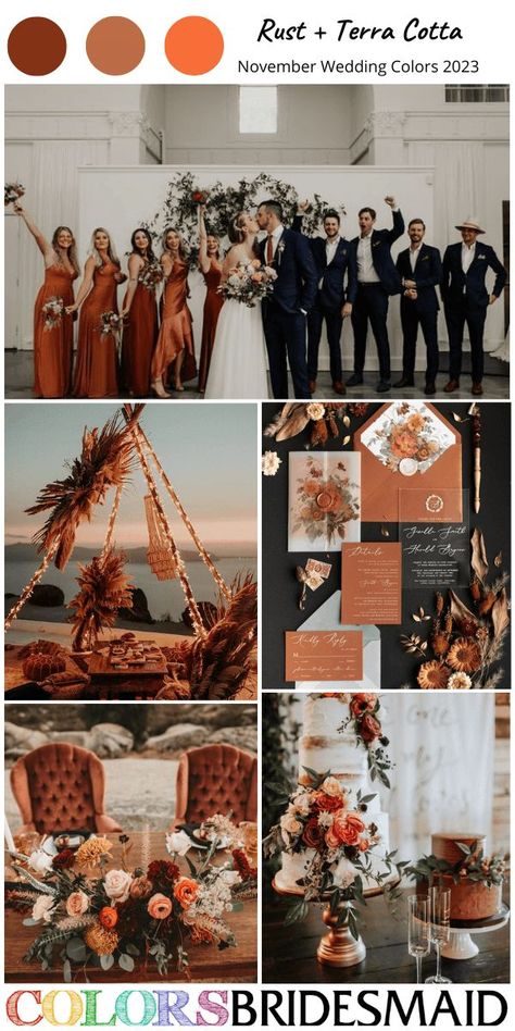 Fall Wedding Color Schemes With Black, Copper Wedding Palette, Rust Gold And Black Wedding, November Wedding Theme, Terra Cotta Wedding Color Palettes, Rust Orange Wedding Color Combos, Fall Wedding Color Palette October, Rustic Wedding Gown, November Wedding Colors