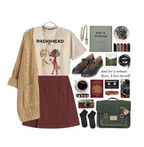 "band tshirt // Radiohead" by rosemarykate ❤ liked on Polyvore featuring Lacey Ryan, RetrÃ², A.P.C., Chicnova Fashion, POLICE, Topshop, Leica, Dr. Martens, Polaroid and Urbanears Radiohead Tshirt, Mood Clothes, Victorinox Swiss Army, Cooler Look, Radiohead, Indie Outfits, Outfits Winter, Swiss Army, Character Outfits