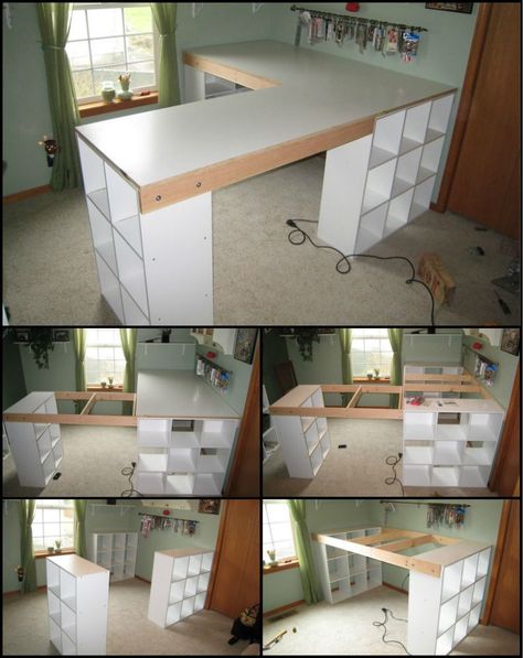 Do you (or someone you know) do a lot of craft projects? This craft table with pigeon holes will let you keep everything tidy, organised and close at hand. http://theownerbuildernetwork.co/bm4h It’s easy to build and modify to fit your own room as it is basically three shelves connected by the table top frames. Sewing Room Design, Dream Craft Room, Craft Room Design, Sewing Room Organization, Craft Desk, Quilting Room, Scrapbook Room, Office Crafts, Hobby Room
