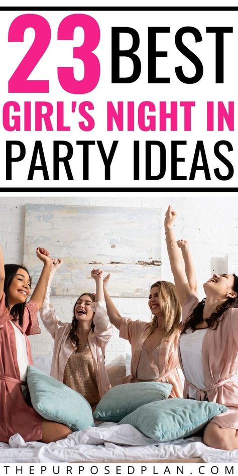 23 Most fun girls night party ideas. Find the best girls night in party games, girls night in party food ideas and more! Ladies Night In Ideas Activities, 50th Birthday Slumber Party Ideas, Womens Night In Party Ideas, Party Ideas For Ladies Night, Women Only Party Ideas, Girls Pajama Party Ideas, Fun Friend Night Ideas, Random Party Ideas, Girls Night In Games Activities