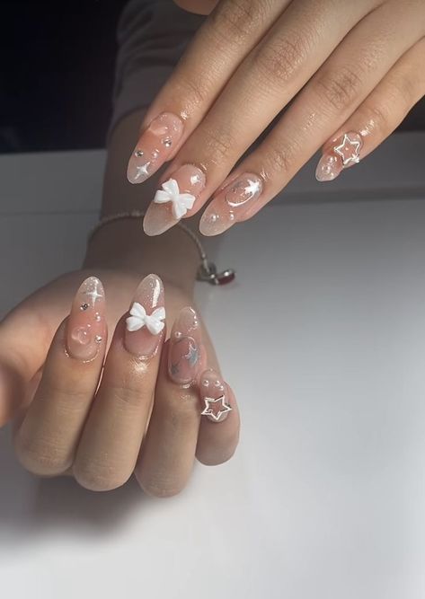 Korean Nails Gems, Almond Chinese Nails, Almond Nails Designs With Charms, Winter Douyin Nails, Chinese Almond Nails, Nail Charm Designs Simple, Douyin Winter Nails, Korean Jelly Nails With Charms, Korean Almond Nails Designs