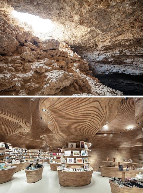 Inspired by a cave, the design of the gift shop at the National Museum of Qatar features 40,000 wood pieces that create a cave-like interior #RetailDesign #RetailStore #ModernStore #Wood Cave Like Interior, Museum Interior Design Exhibitions, Cave Interior Design, Restaurant Seating Plan, Gift Shop Design, Cafe Restaurant Design, Cave Interior, Black House Interior, Koichi Takada