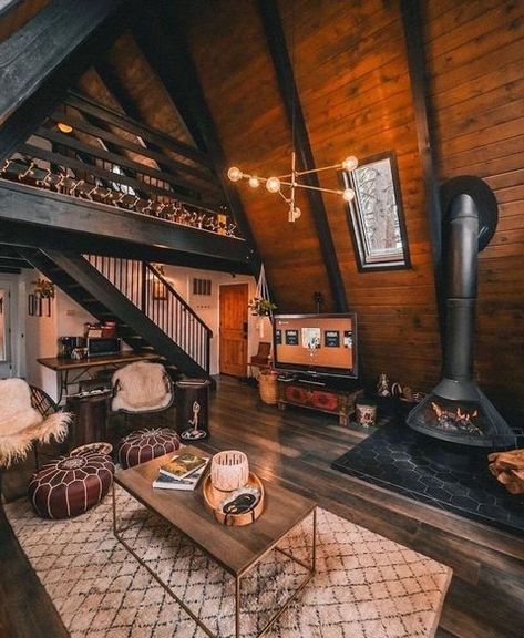 A Frame Cabin Living Room, Tiny Home Basement, Inside Of A Frame House, Cabin Stove Wood Burning, Small Modern Cabin House Plans, 1000 Sq Ft A Frame House, Dream Cabin In The Woods, A Frame Tiny House Interiors, Tiny Rustic House