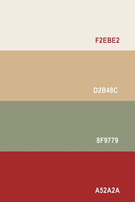 Looking for color ideas? Check out this color palette featuring Auburn Red, Artichoke Green, Tan Brown and Beige White. Beige White Color Palette, Red Color Pallets, Tan Color Palette, Yellow Kitchen Designs, White Color Palette, Green Branding, Christmas Palette, Flat Color Palette, Christmas Color Palette