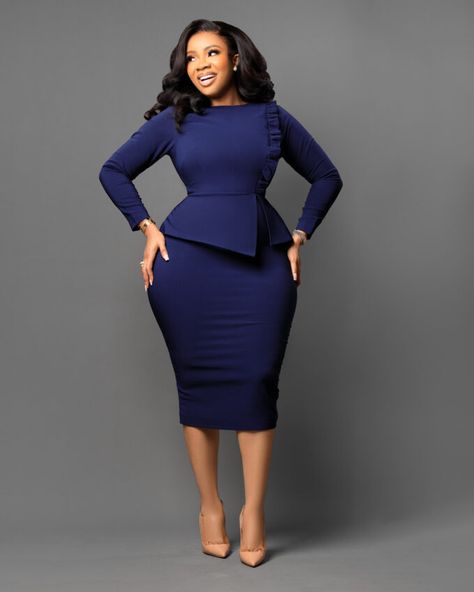 Office Dresses For Women Work Attire, Serwaa Amihere, Corporate Gowns, Dresses Plain, Suit Skirts, Workwear Outfits, Lace Dress Classy, Official Dresses, Blue Dress Women