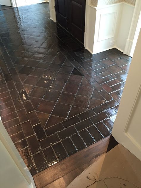 design indulgence: BEFORE AND AFTER STAINING SALTILLO TILE Saltillo Tile Kitchen, Dark Tile Floors, Dark Brown Floor, Mexican Tile Floor, Saltillo Tile Floor, Brown Tile Floor, Tile Stained, Brown Tile, Floor Makeover